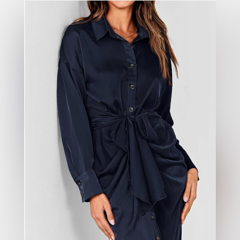 Linsery NWOT Navy Blue Belted Maxi Ruched Shirt Dress - Size M - Picture 4 of 14